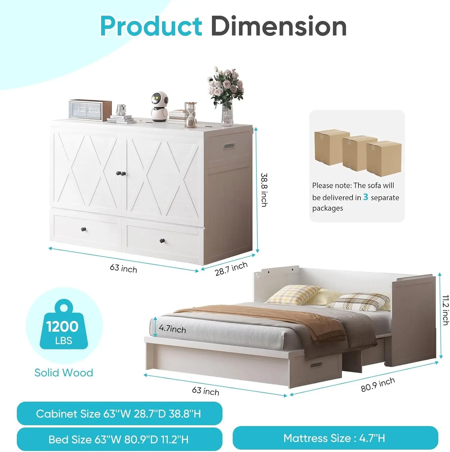 Murphy Bed With Tri-Folding Mattress Charging Station And Storage Drawers