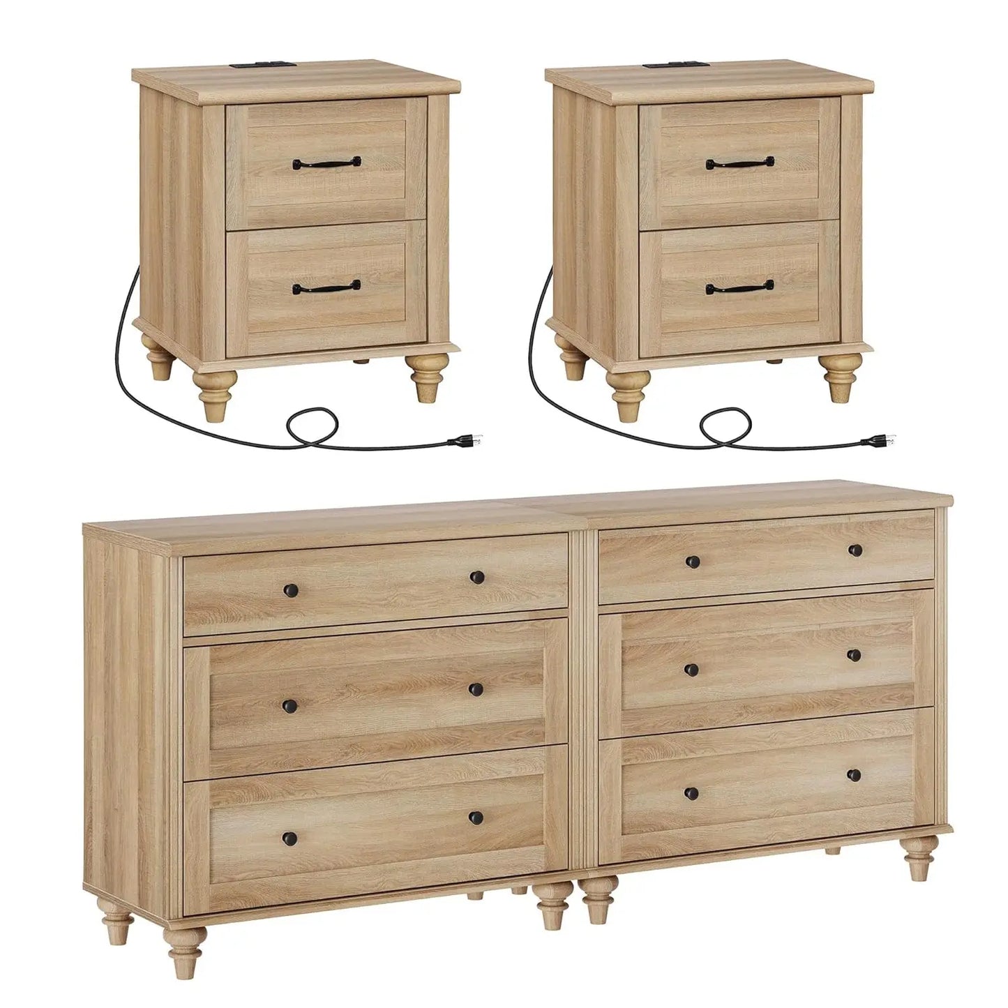 Farmhouse Bedroom Set With Dressers And Rattan Nightstands