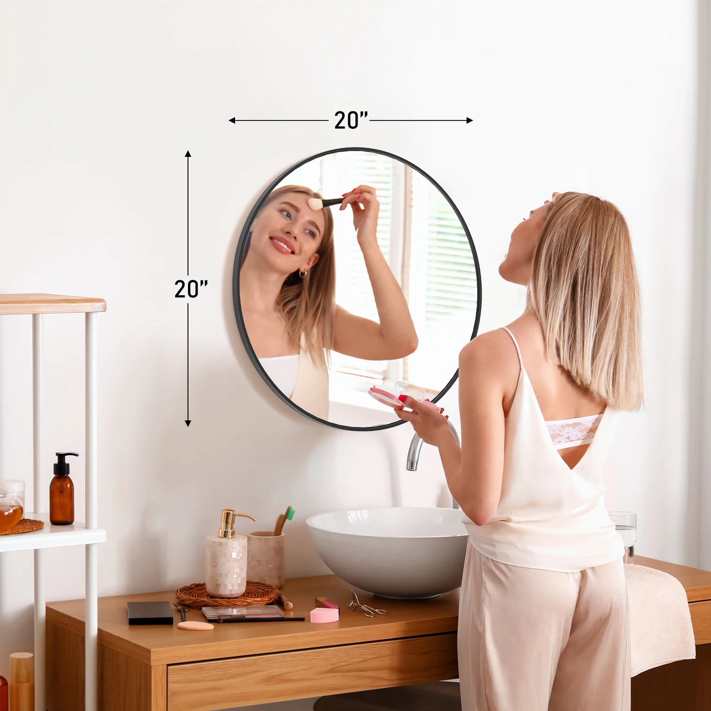 JHK Round Vanity Mirror With Matte Metal Frame Wall Mounted