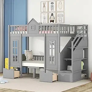 Loft Bed With Built In Storage Wardrobe And Two Windows Solid Wood