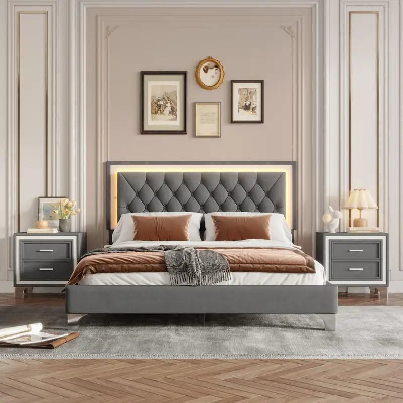 Upholstered Platform Bed With LED Lights And Nightstands Three Piece