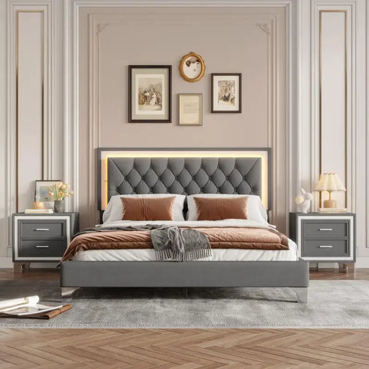 Upholstered Platform Bed With LED Lights And Nightstands Three Piece