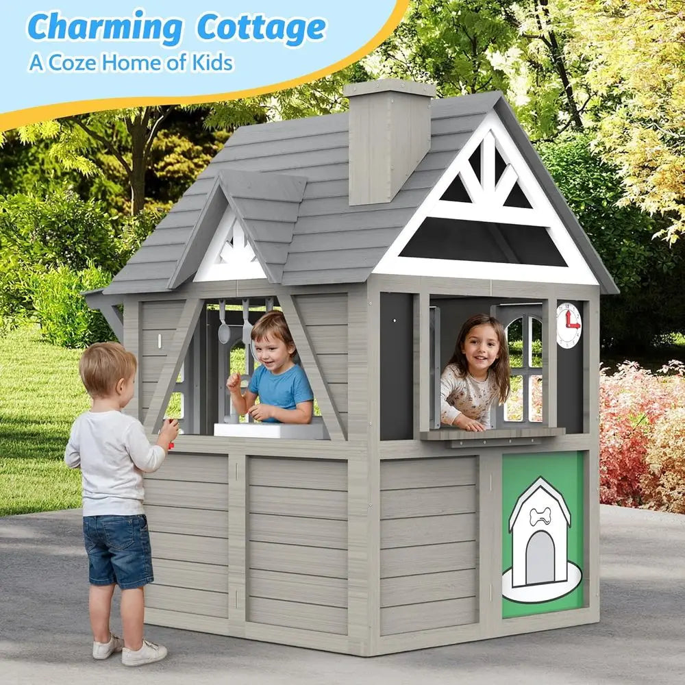 Cedar Wooden Playhouse with Kitchen and Accessories for Kids