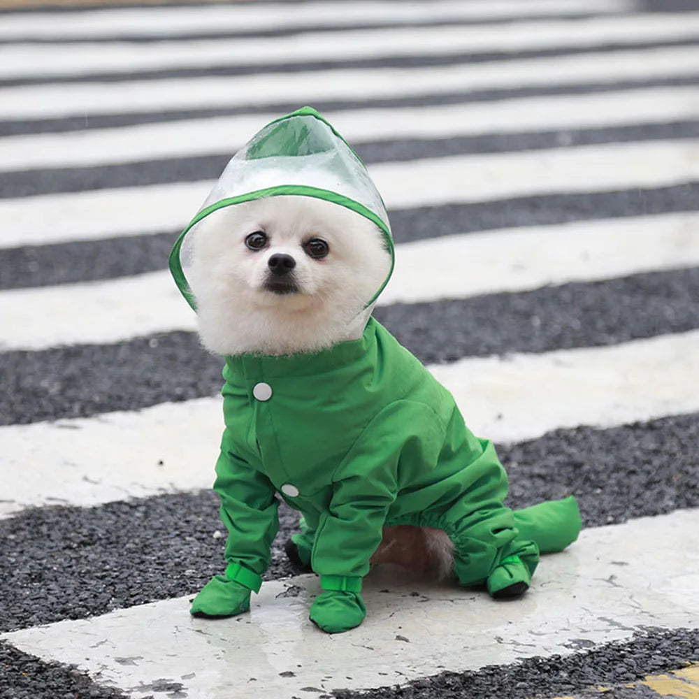 Dog Hooded Raincoat With Boots Four Leg Jumpsuit Waterproof