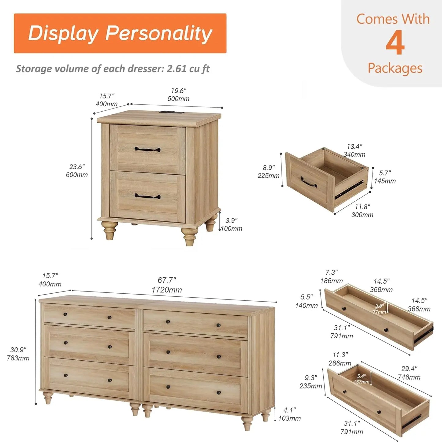 Farmhouse Bedroom Set With Dressers And Rattan Nightstands