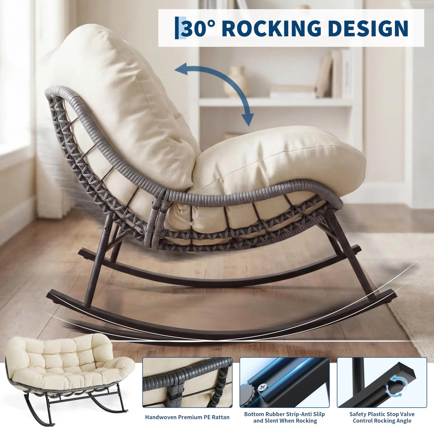HiMISS Outdoor Two Person Patio Rocking Chair Set With Ottoman