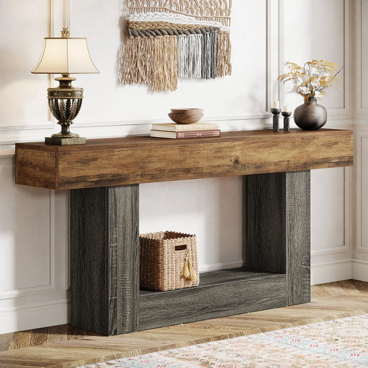 Farmhouse 2-Tier Console Table For Narrow Entryway Wood Sofa Table