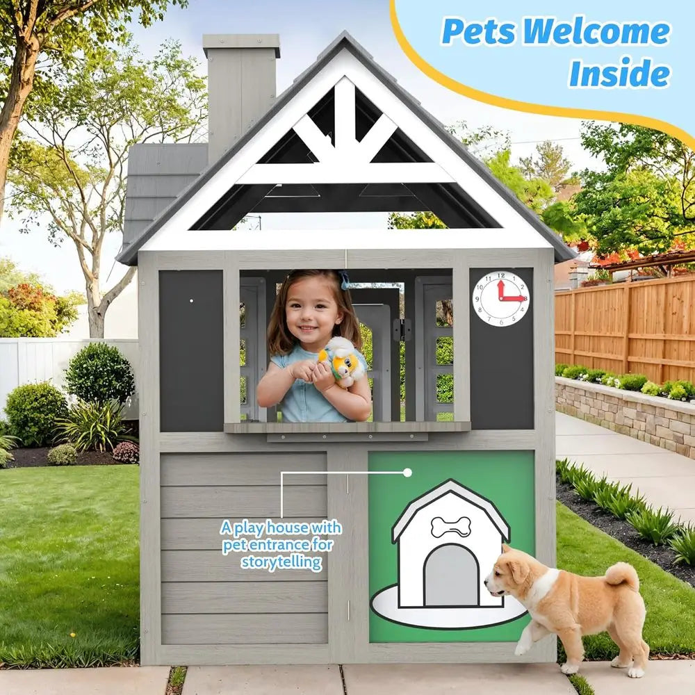 Cedar Wooden Playhouse with Kitchen and Accessories for Kids