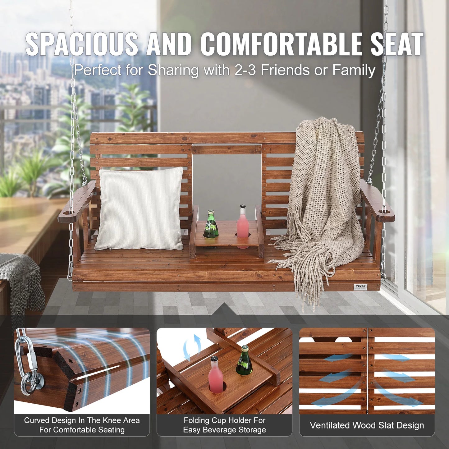 SucceBuy Cedar Wood Porch Swing With Steel Chains Outdoor Bench