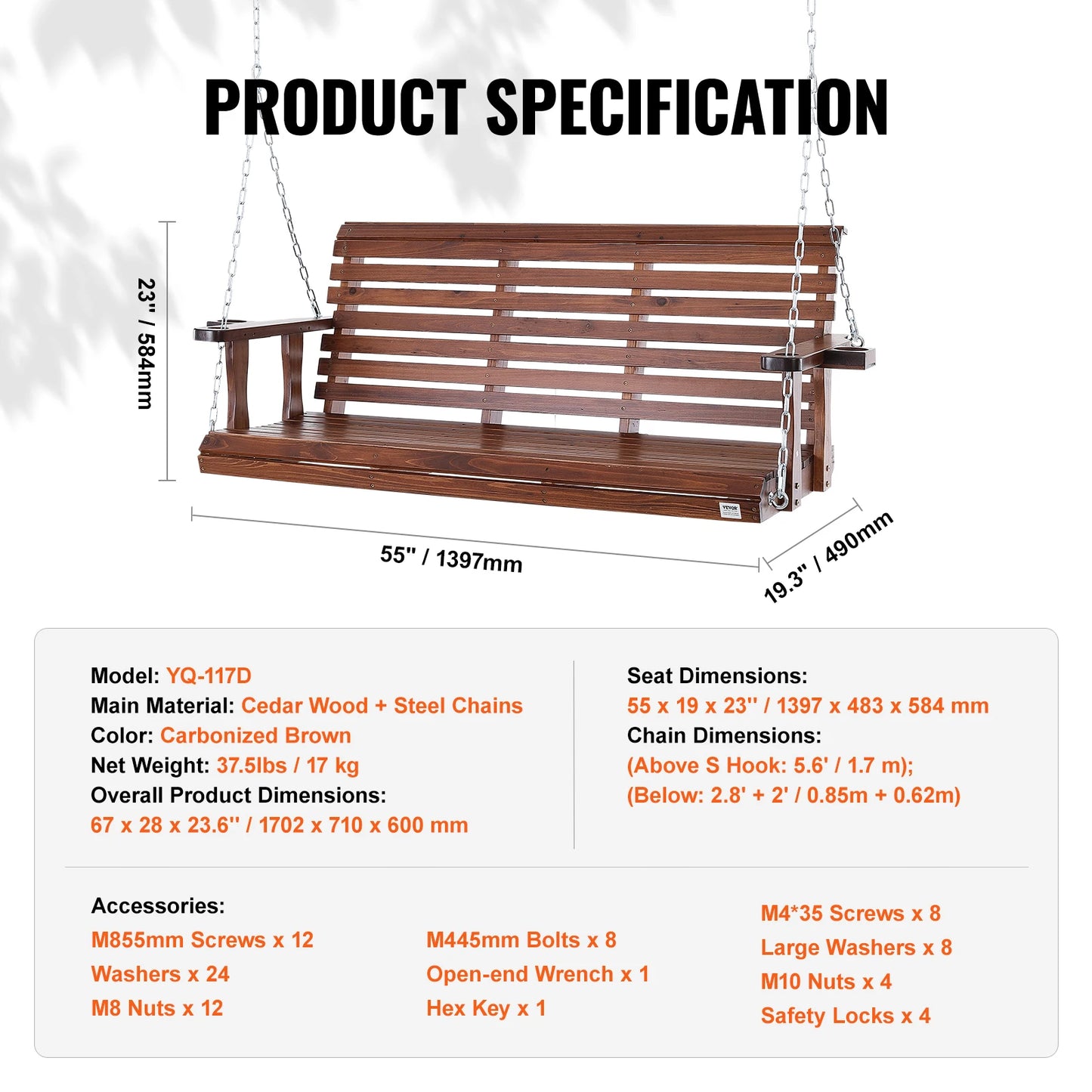 SucceBuy Cedar Wood Porch Swing With Steel Chains Outdoor Bench