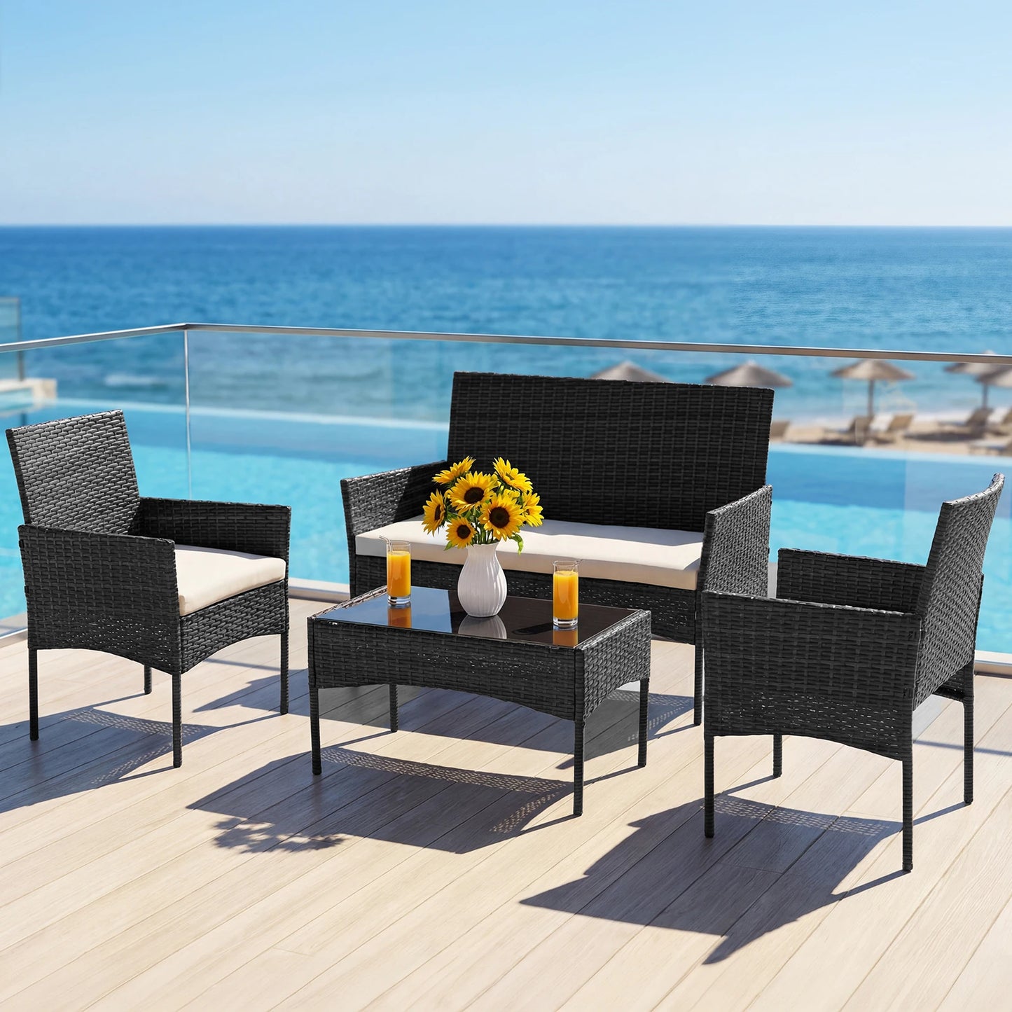 Patio Furniture Set Weather Resistant PE Rattan Wicker Tempered Glass