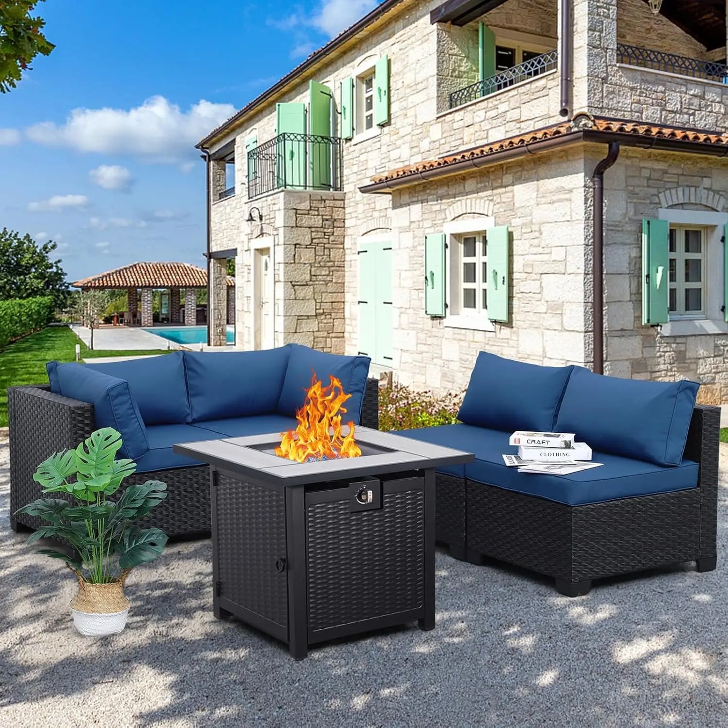 Rattan Sectional Sofa Set With Propane Fire Pit Table For Outdoor Patio