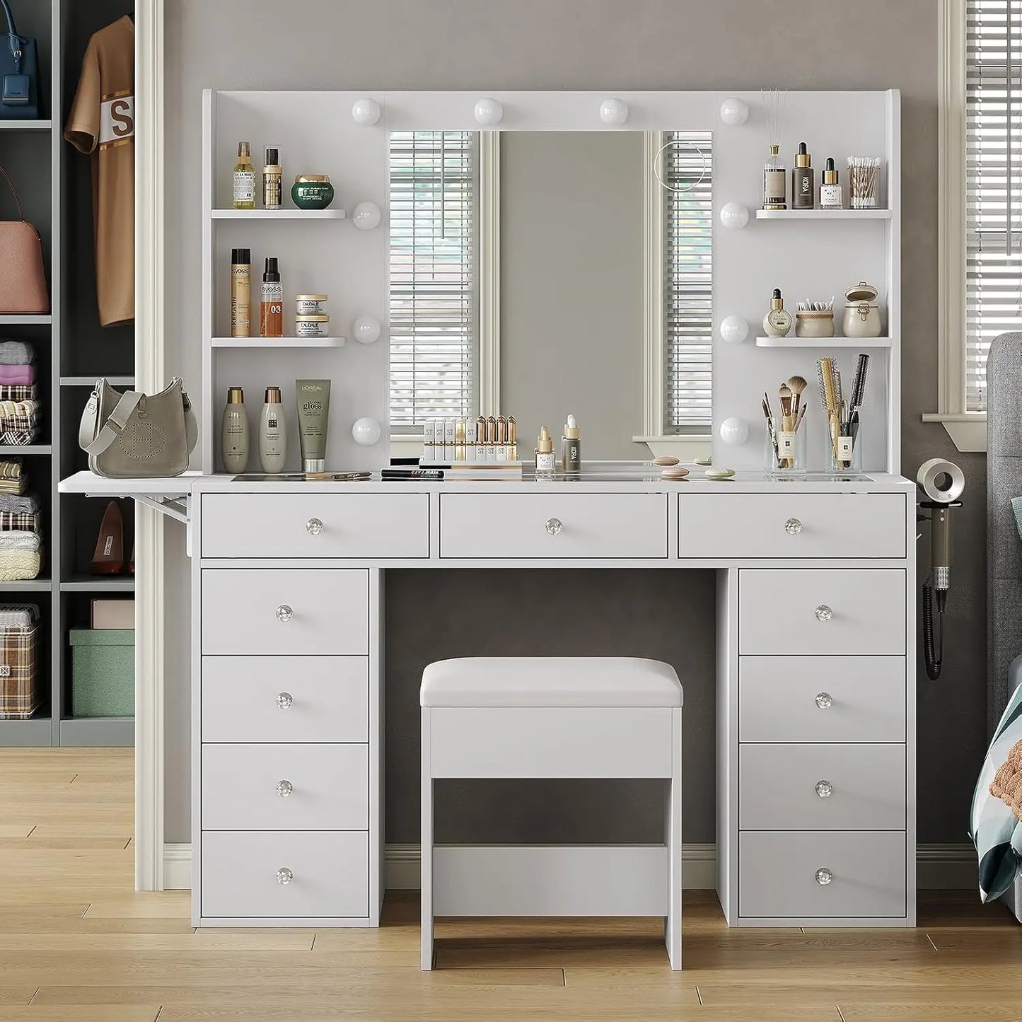 Makeup Vanity Desk With Power Outlet And 12 LED Lights