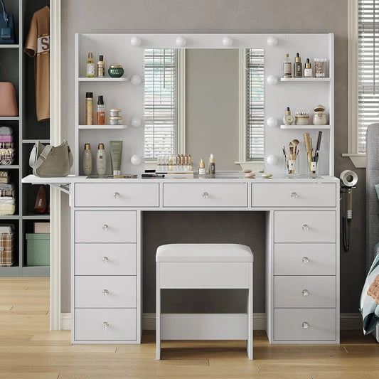 Makeup Vanity Desk With Power Outlet And 12 LED Lights
