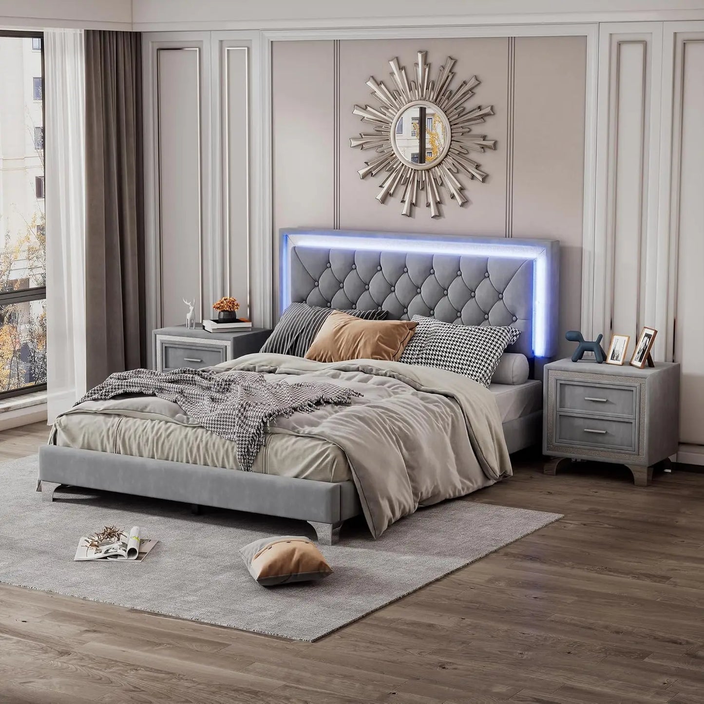 3-Piece LED Velvet Platform Bed Frame Set With Tufted Upholstery