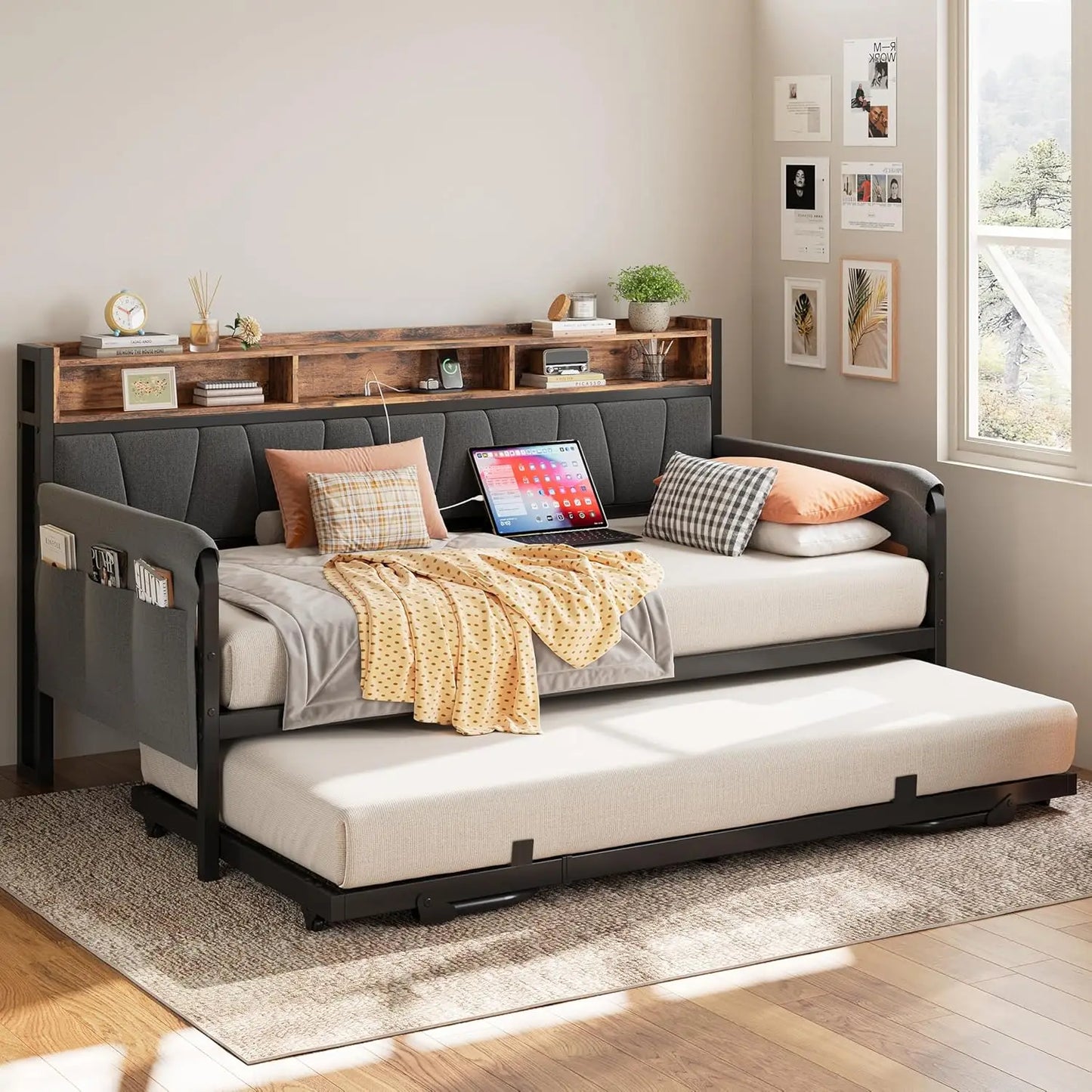 LIKIMIO Daybed With Trundle Bed And Upholstered Headboard Charging Station