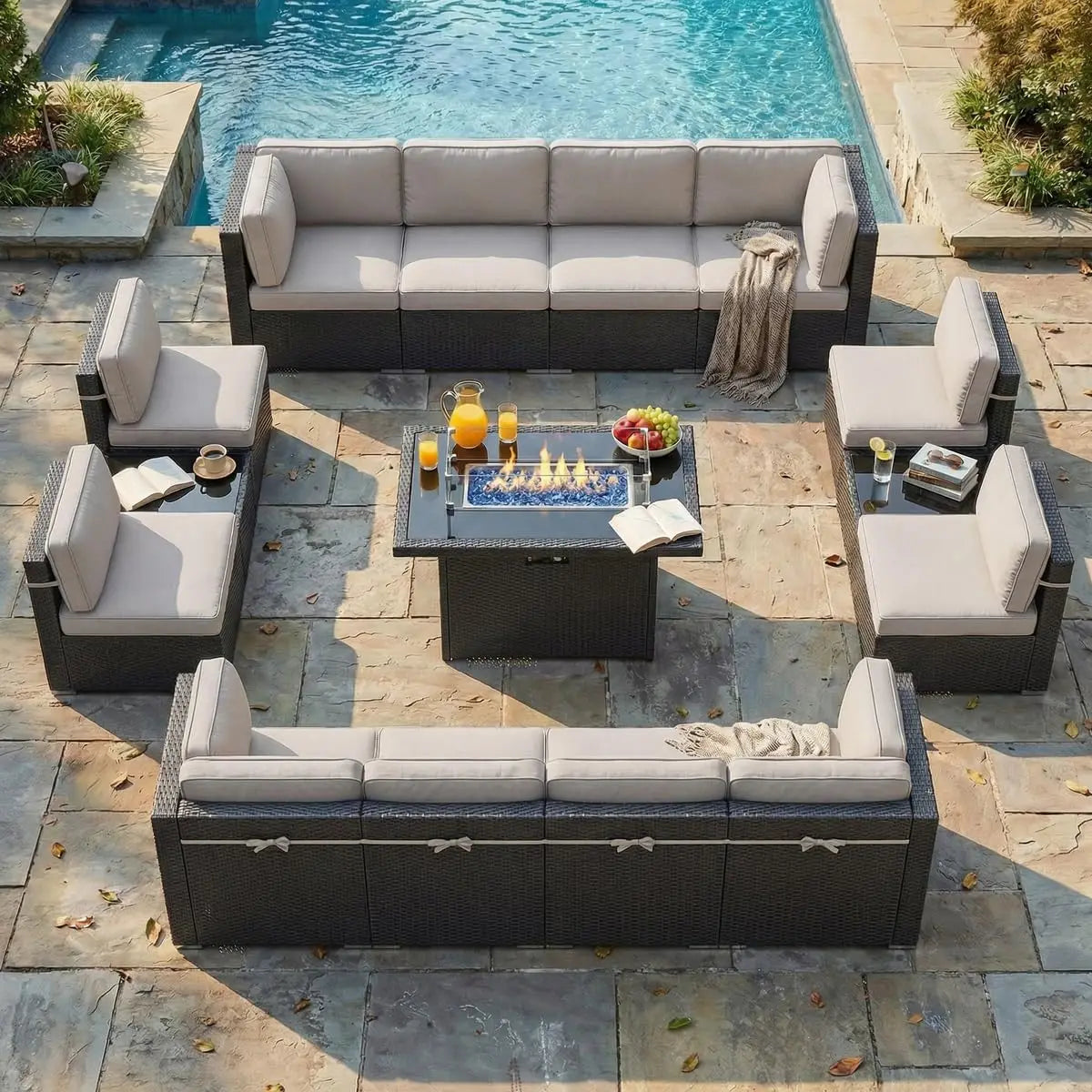 Patio Furniture Set With Fire Pit Table Outdoor Wicker Rattan