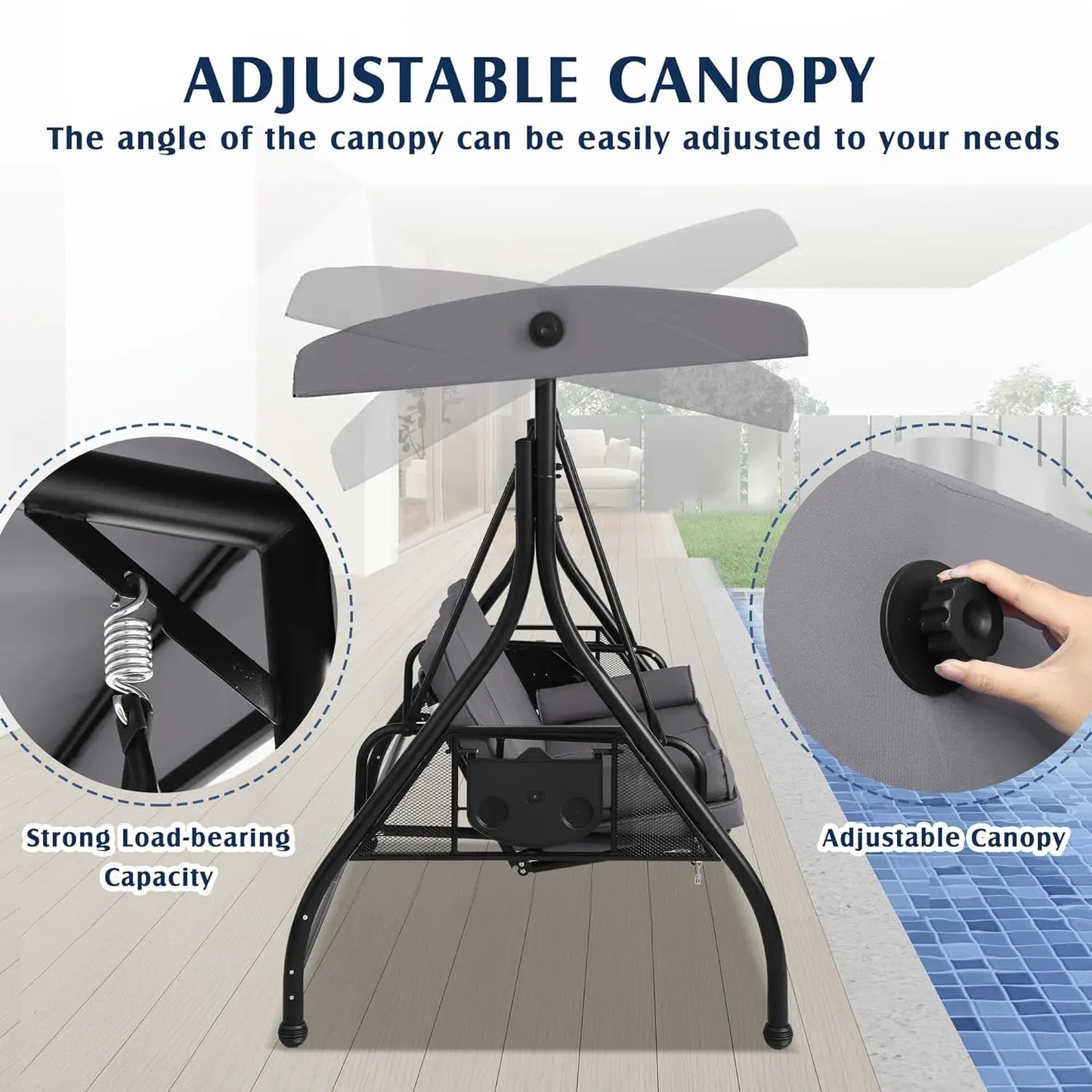 HUANZHUANG Outdoor Porch Swing With Canopy And Stand Convertible 2 In 1
