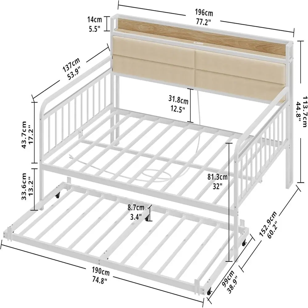 LIKIMIO Daybed With Trundle Metal Bed Frame Upholstered Headboard And Charging