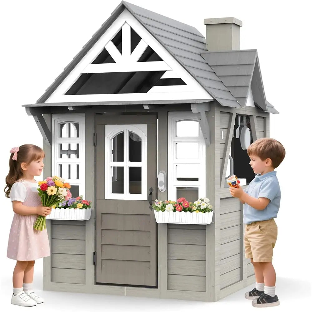 Cedar Wooden Playhouse with Kitchen and Accessories for Kids