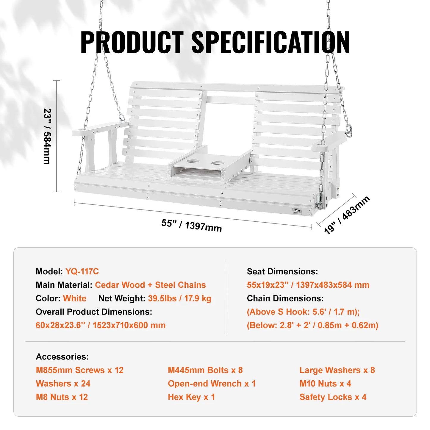 SucceBuy Cedar Wood Porch Swing With Steel Chains Outdoor Bench
