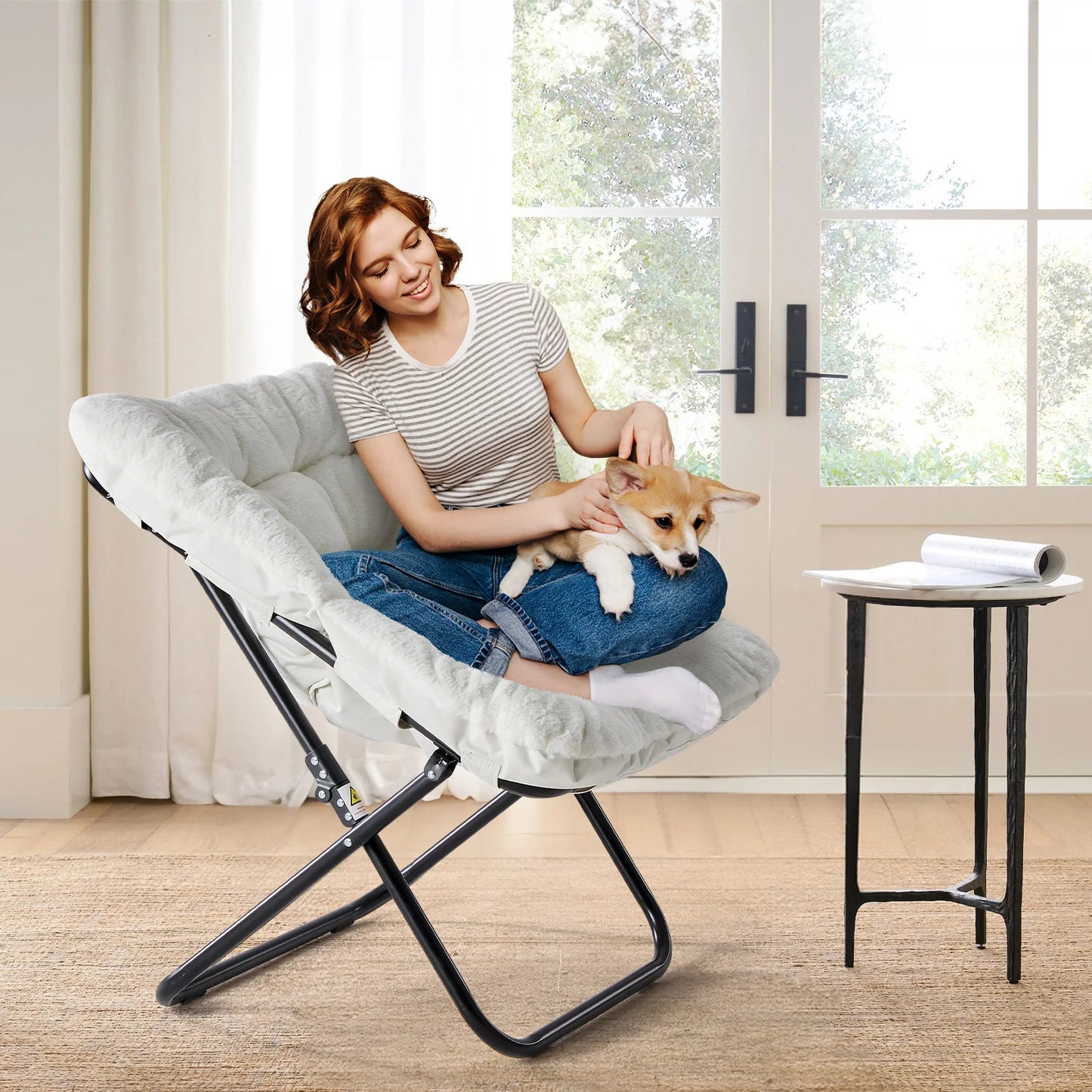 JHK Cozy Faux Fur Saucer Chair Foldable Metal Frame