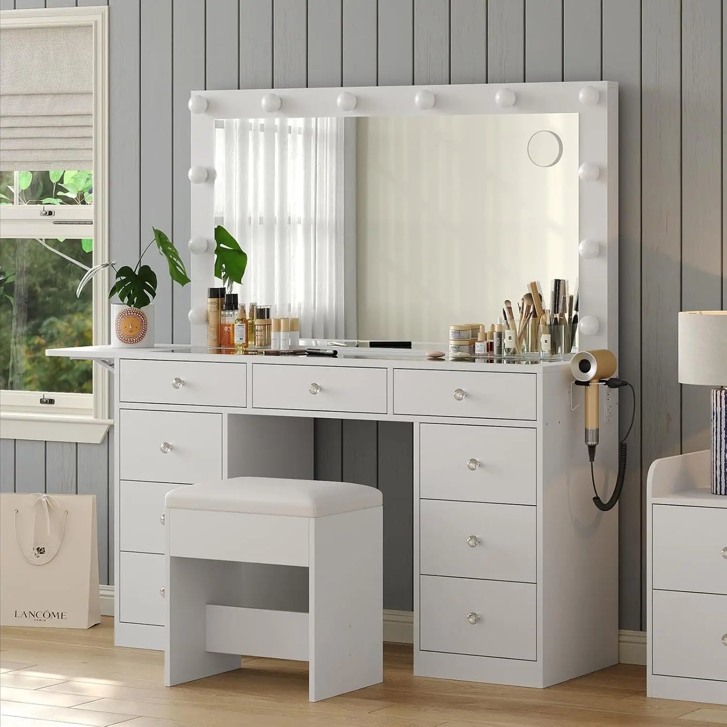 Makeup Vanity Desk With Power Outlet And 12 LED Lights