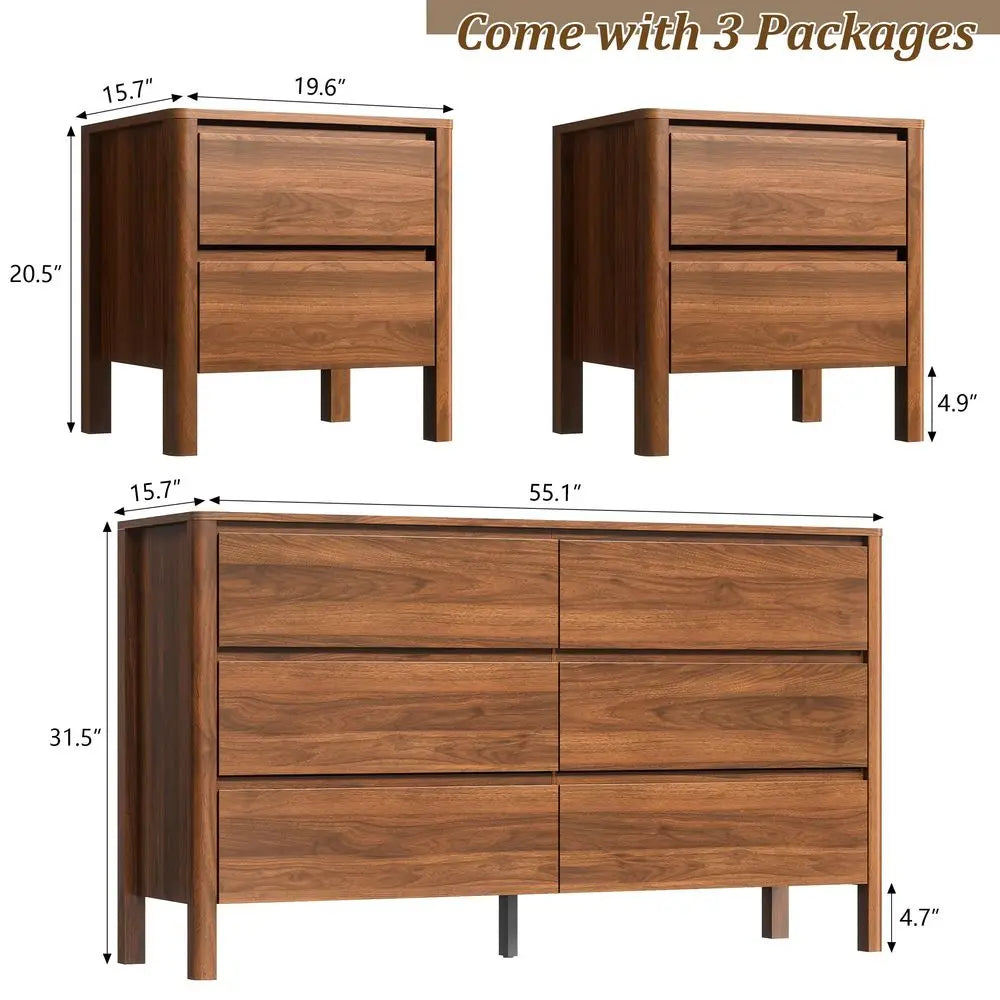Walnut Mid Century Modern 3 Piece Bedroom Set With Dresser And Nightstands
