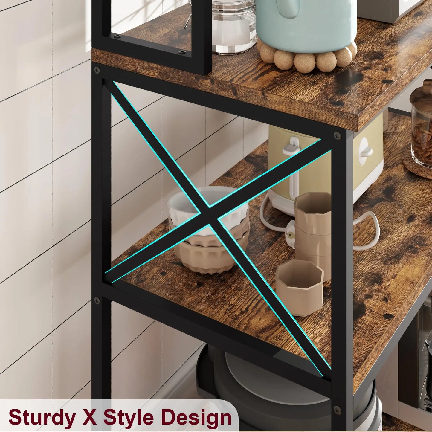 Five Tier Microwave Shelf With Six Hooks Kitchen Standing Rack