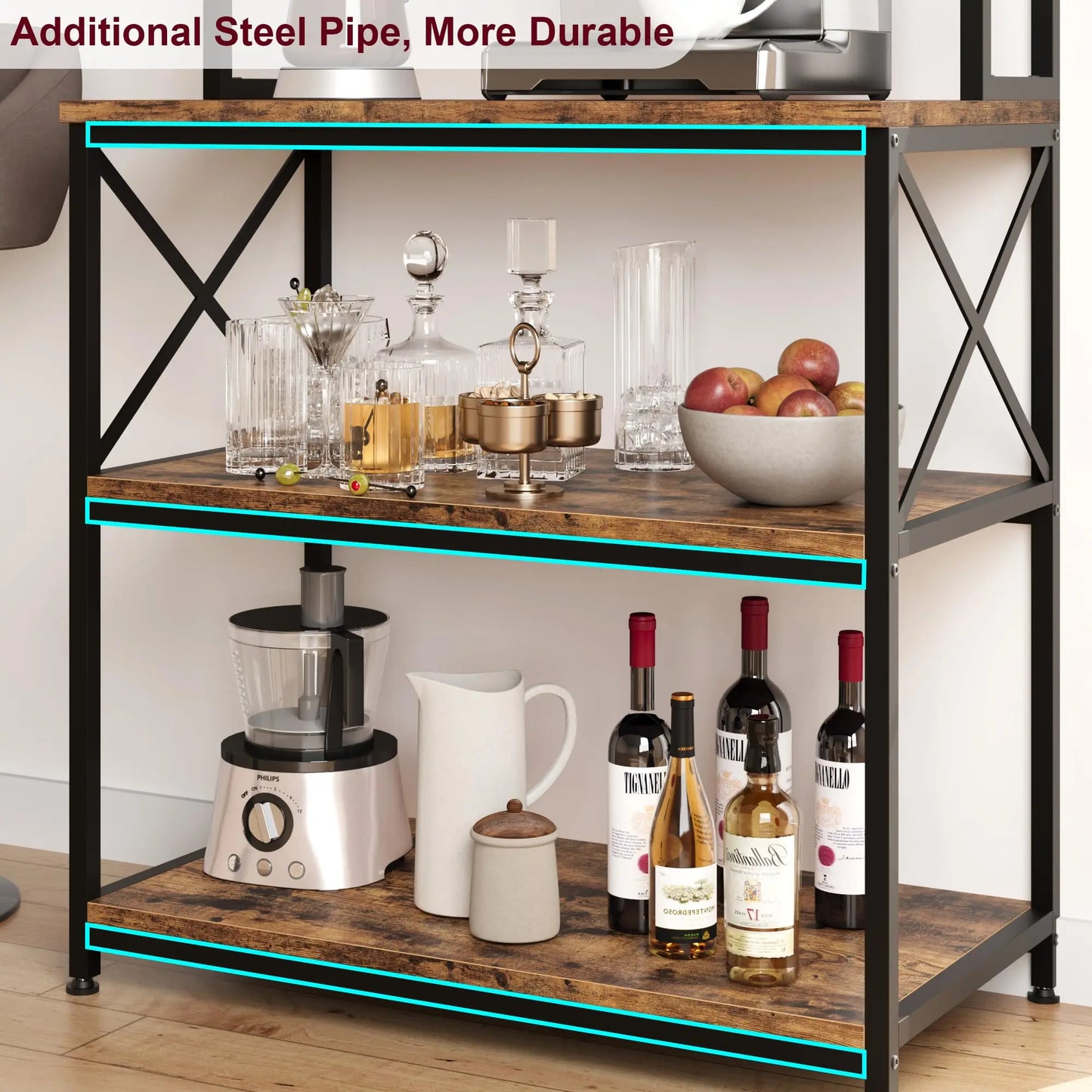 Five Tier Microwave Shelf With Six Hooks Kitchen Standing Rack