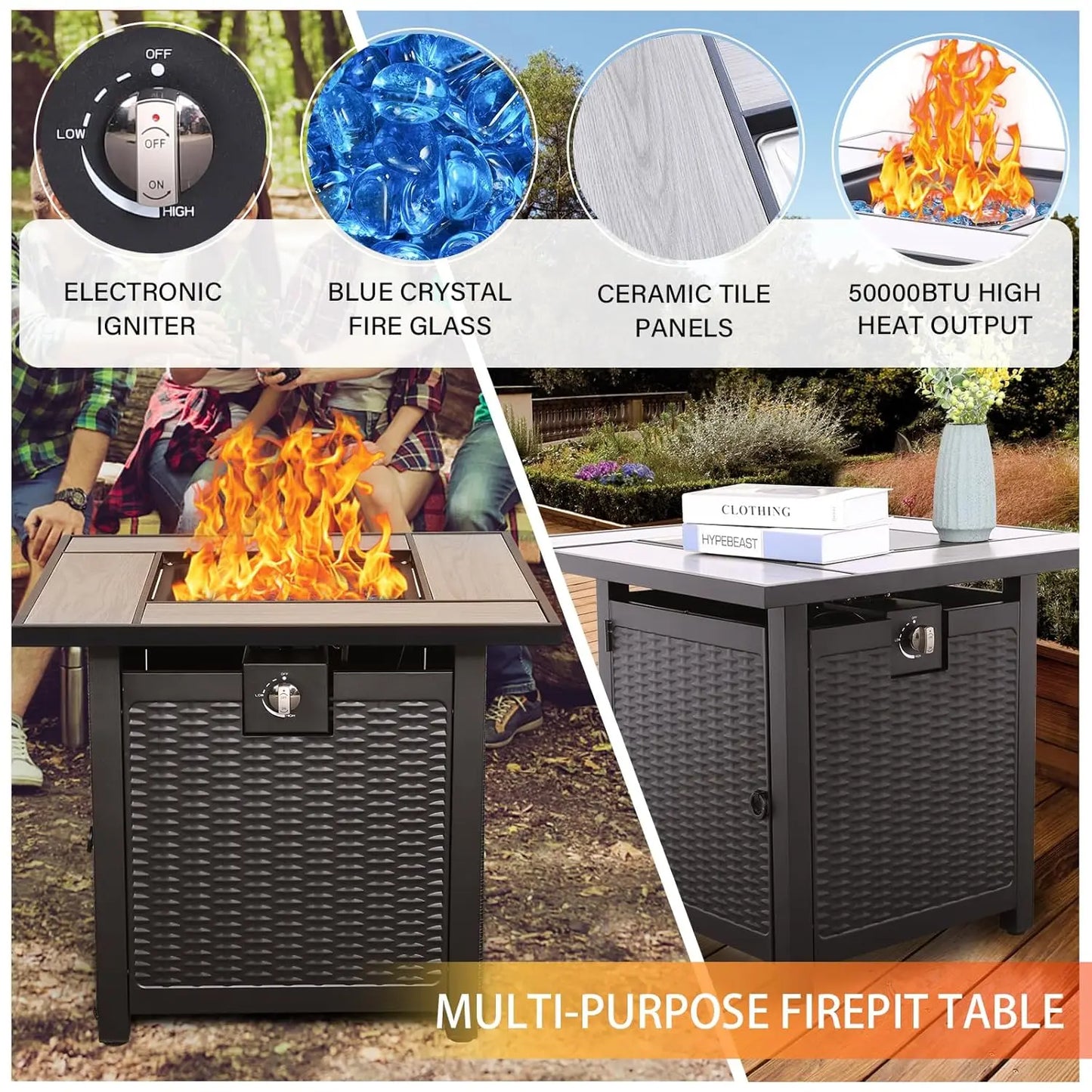 Rattan Sectional Sofa Set With Propane Fire Pit Table For Outdoor Patio