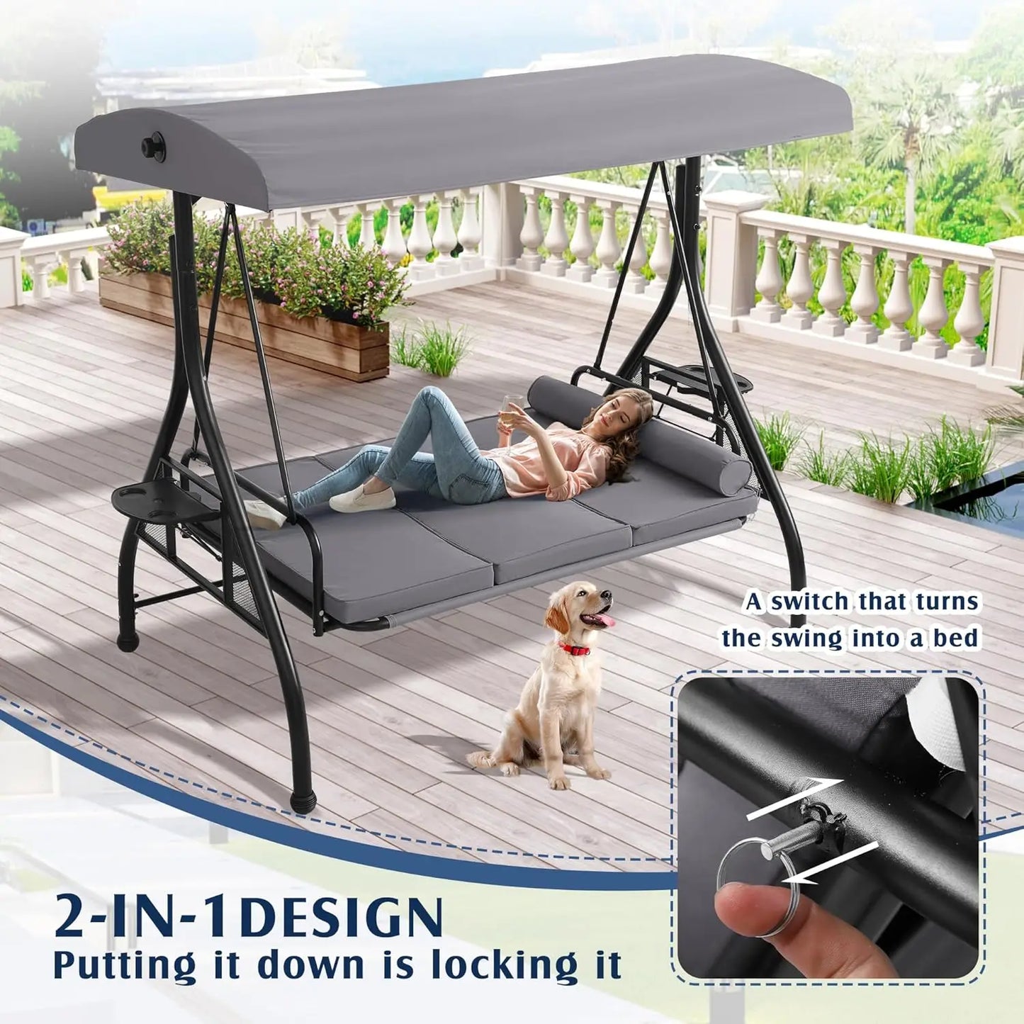HUANZHUANG Outdoor Porch Swing With Canopy And Stand Convertible 2 In 1