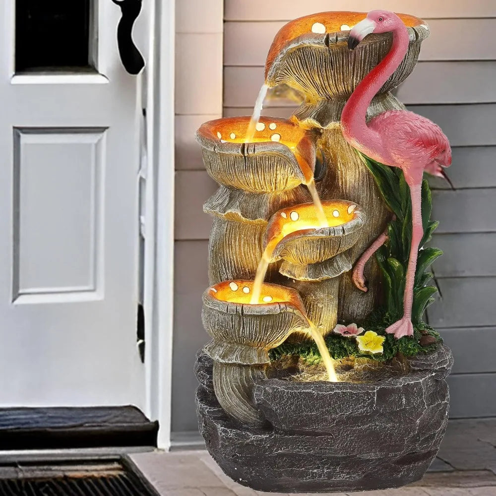 USSerenaY 5 Tier Outdoor Water Feature Fountain Flamingo LED Lights