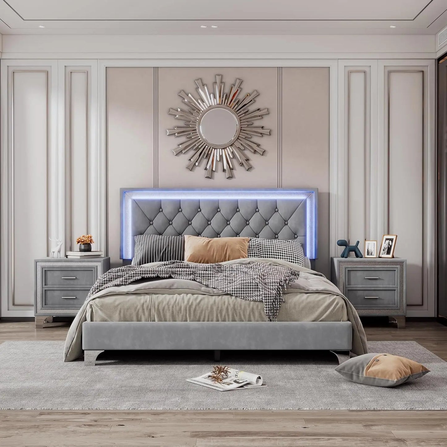 3-Piece LED Velvet Platform Bed Frame Set With Tufted Upholstery
