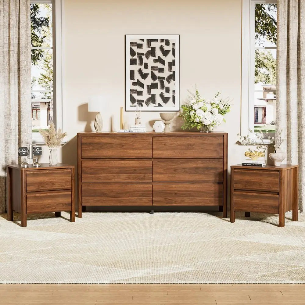 Walnut Mid Century Modern 3 Piece Bedroom Set With Dresser And Nightstands