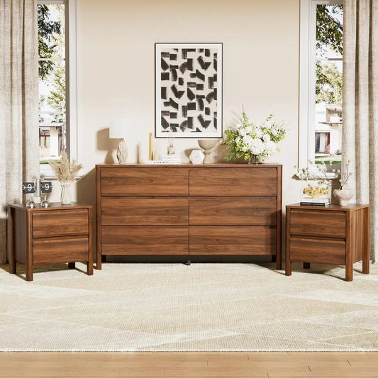 Walnut Mid Century Modern 3 Piece Bedroom Set With Dresser And Nightstands