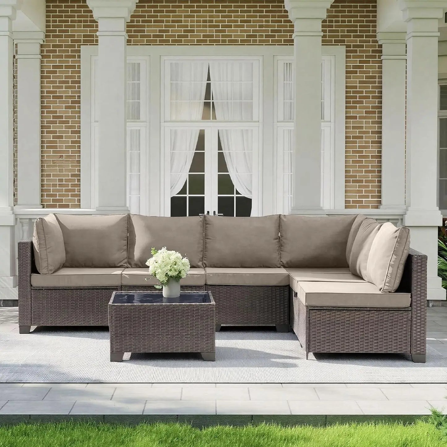 Outdoor Patio Furniture Set 7 Pieces All Weather Rattan Wicker