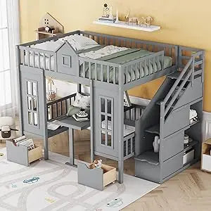 Loft Bed With Built In Storage Wardrobe And Two Windows Solid Wood