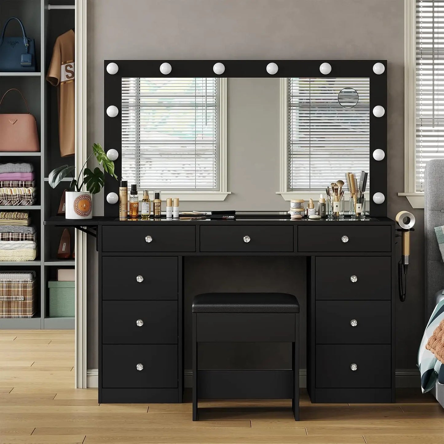 Makeup Vanity Desk With Power Outlet And 12 LED Lights