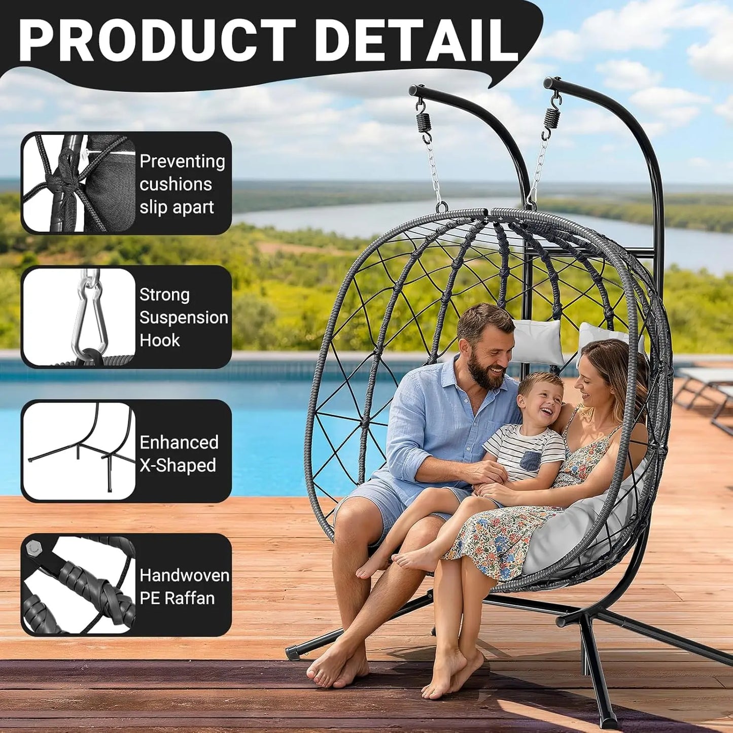 Double Egg Swing Chair With Stand For Two Outdoor Patio