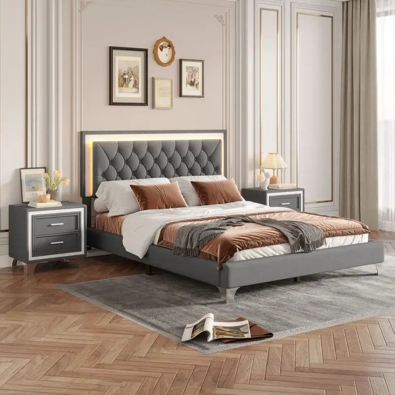 Upholstered Platform Bed With LED Lights And Nightstands Three Piece
