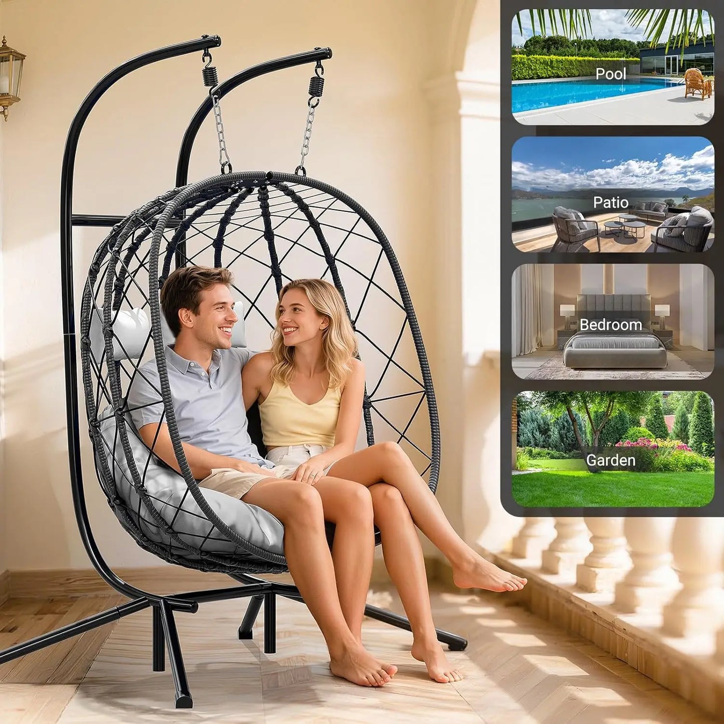 Double Egg Swing Chair With Stand For Two Outdoor Patio