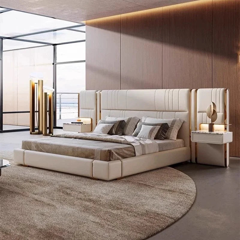 Modern Luxury Bed Frame With Extend Headboard Nightstand