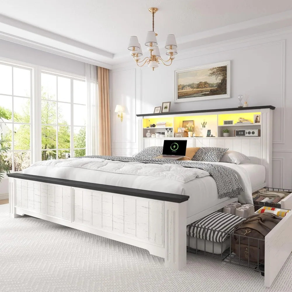 Queen Bed Frame With Headboard And Storage LED And USB