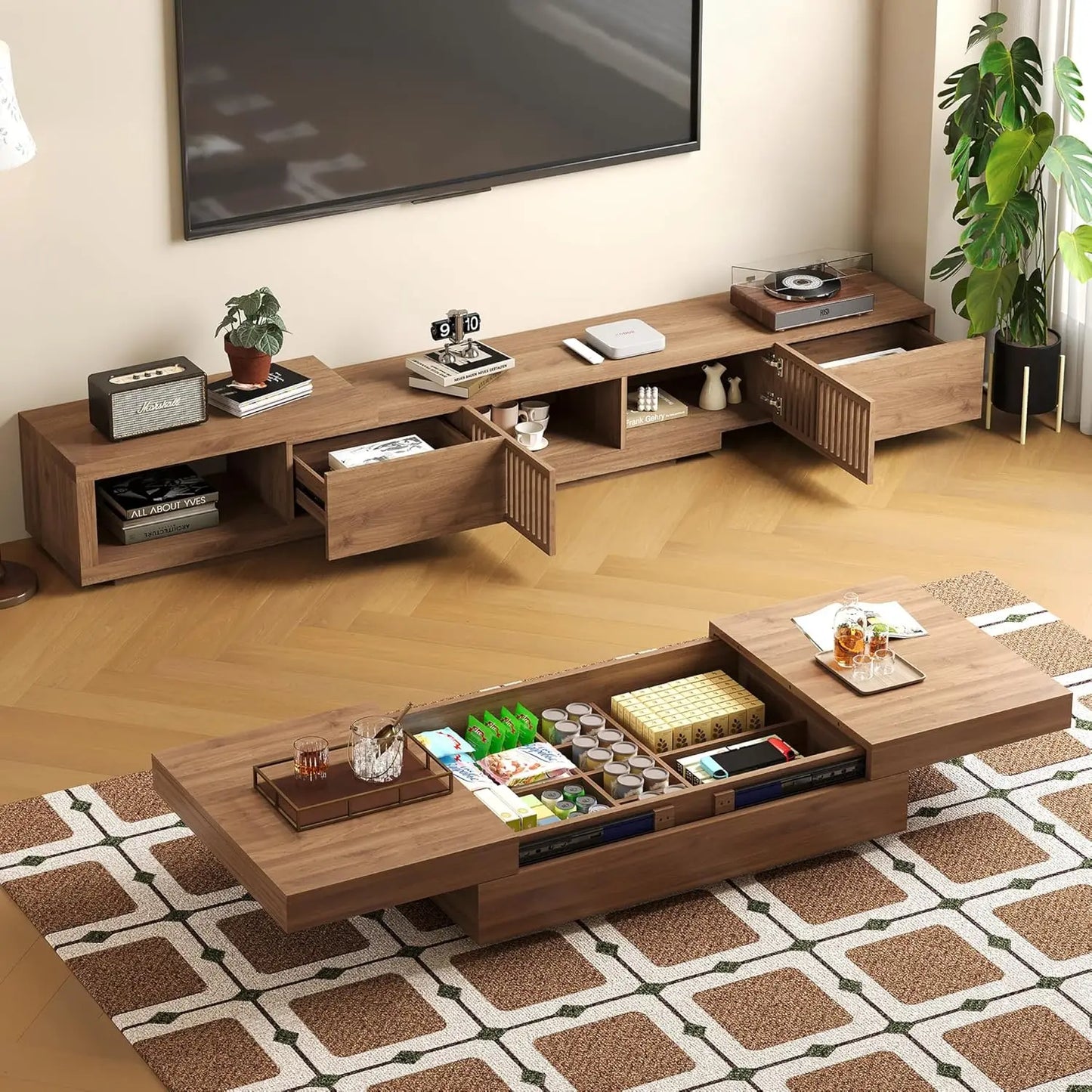Mid-Century Modern Expandable Coffee Table And TV Stand Set