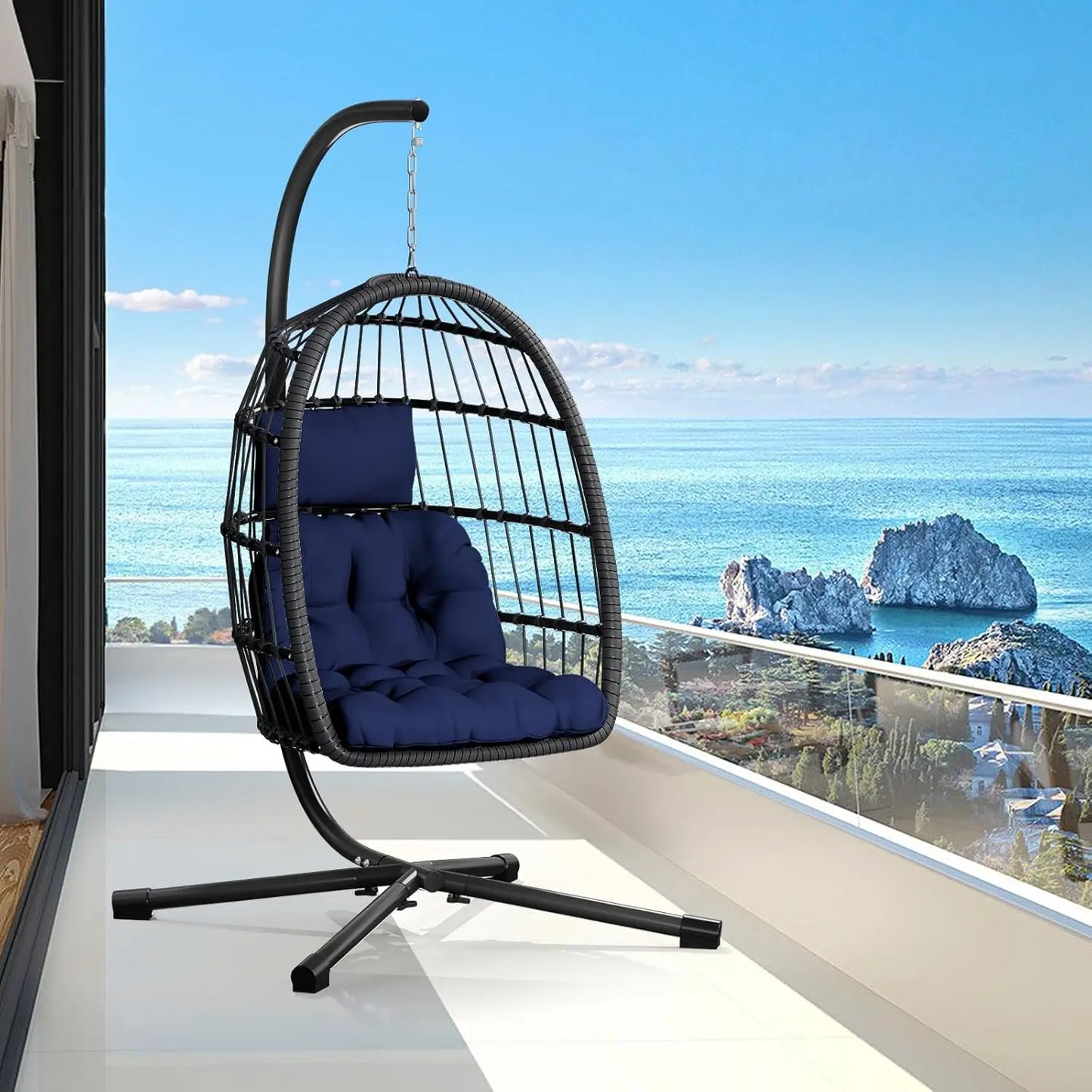 Double Egg Swing Chair With Stand For Two Outdoor Patio