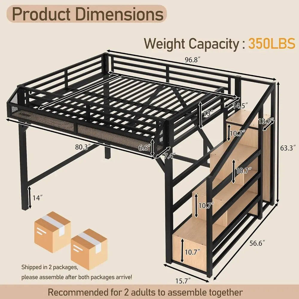Metal Loft Bed With Storage Stairs And Wardrobe USB Lighting