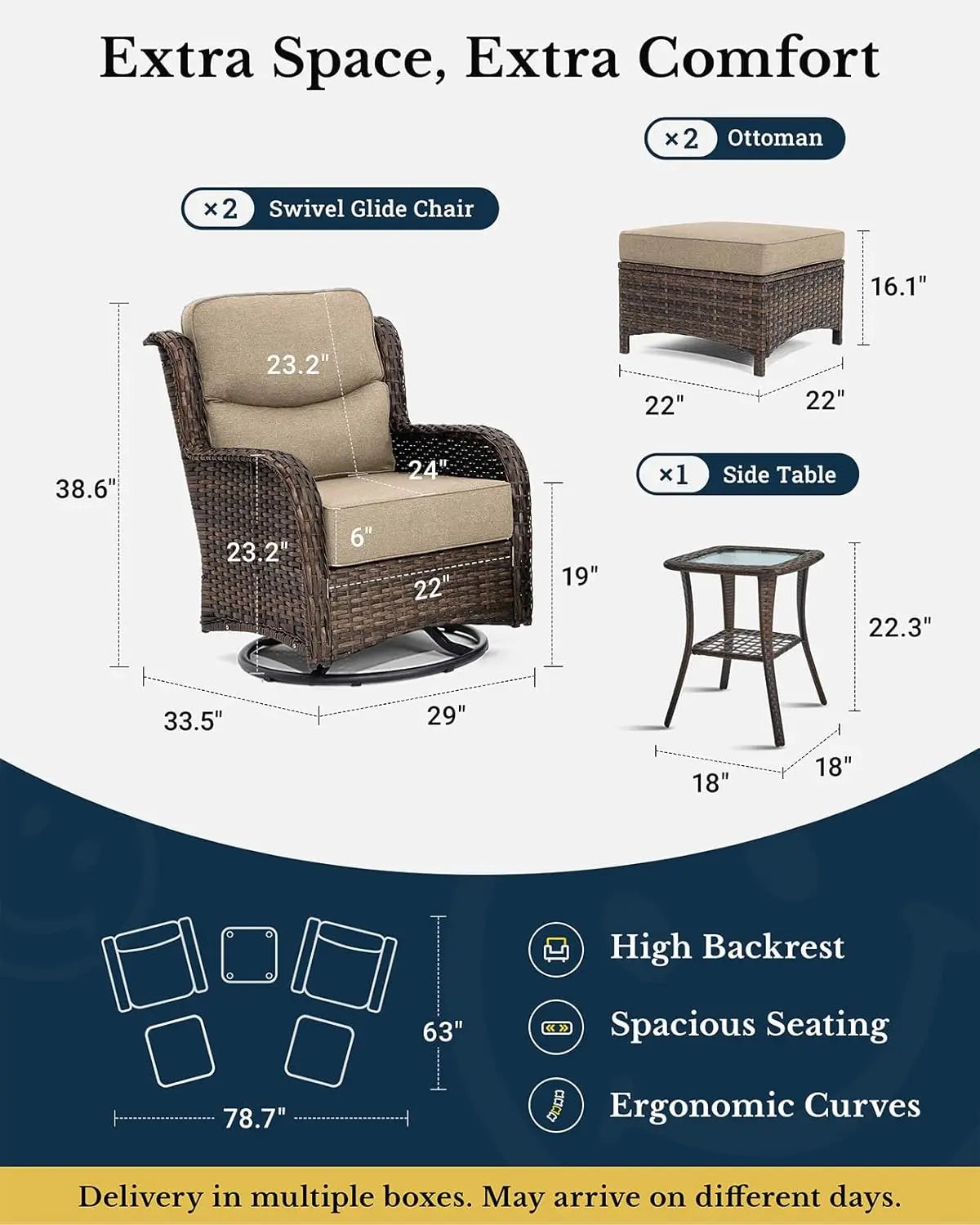Rattan Patio Furniture Set 5 Piece Outdoor Wicker Cushioned Chairs