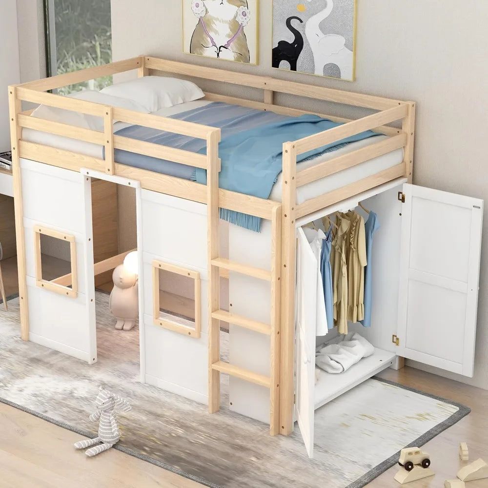 Loft Bed With Built In Storage Wardrobe And Two Windows Solid Wood