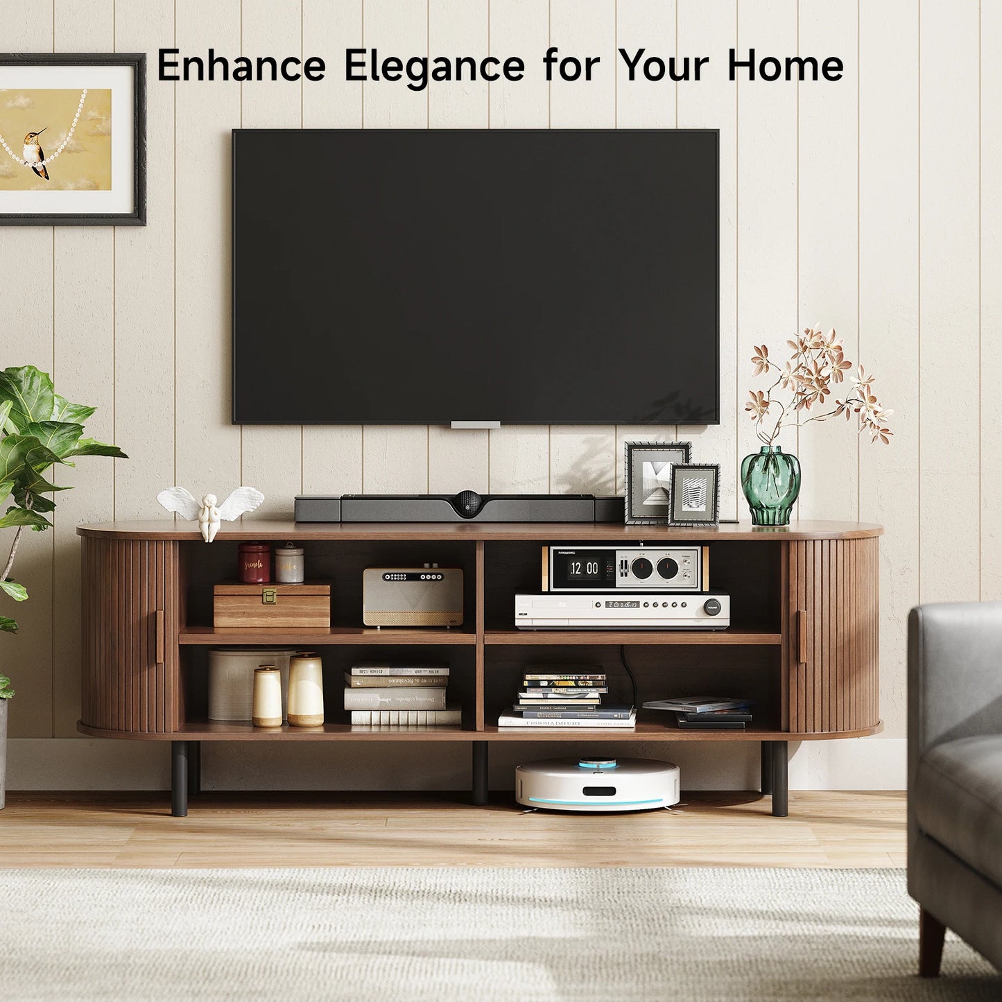 TV Stand With Power Outlet Entertainment Center And Sliding Doors